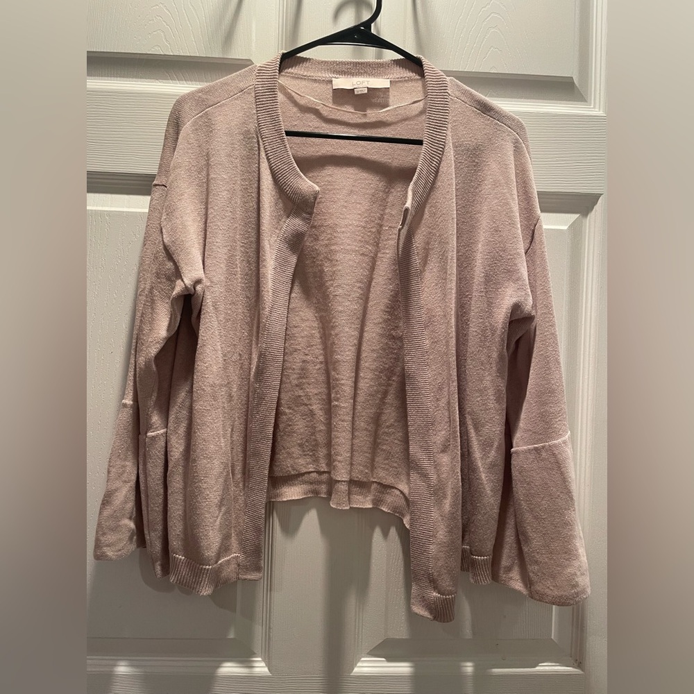 Tan LOFT Cardigan with Flowy Bell Sleeves